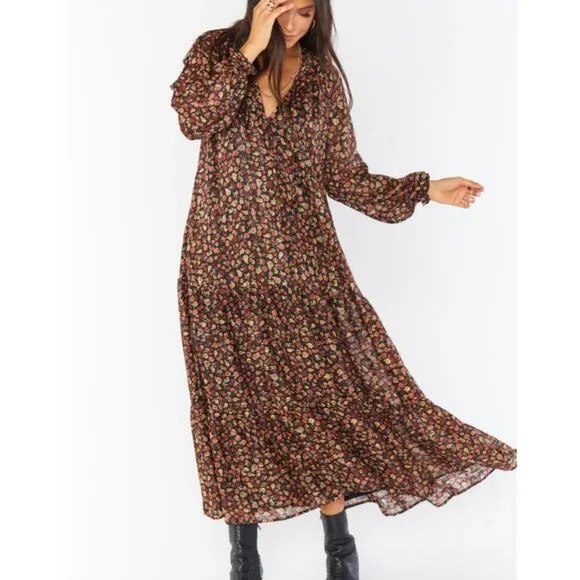 Show Me Your Mumu Maxi Dress Size Medium M Birdie Midnight Floral Black Brown