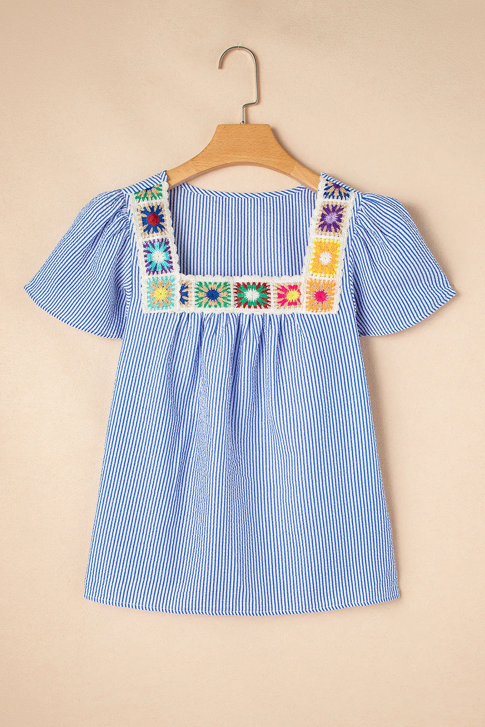Sky Blue Stripe Textured Ruffle Short Sleeve Boho Detail Square Neck Blouse