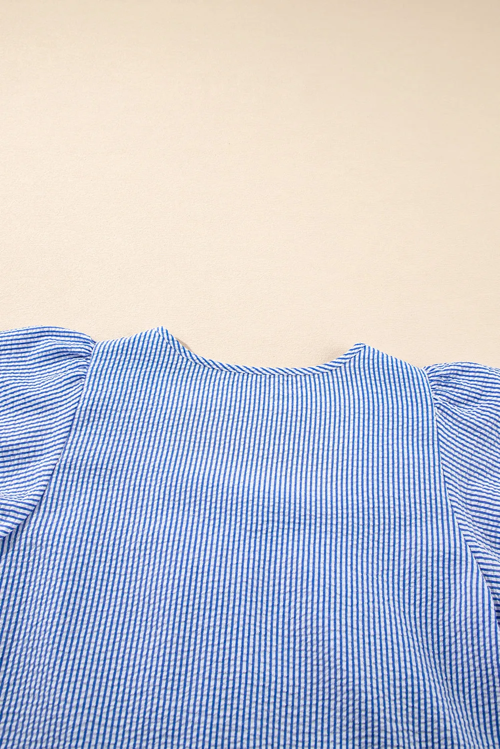 Sky Blue Stripe Textured Ruffle Short Sleeve Boho Detail Square Neck Blouse
