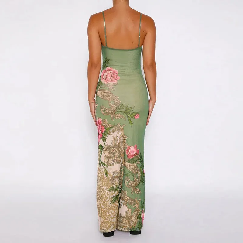 Sleeveless Floral Print Spaghetti Strap Dress New Fashion Maxi Beach Party Club Chic Dress