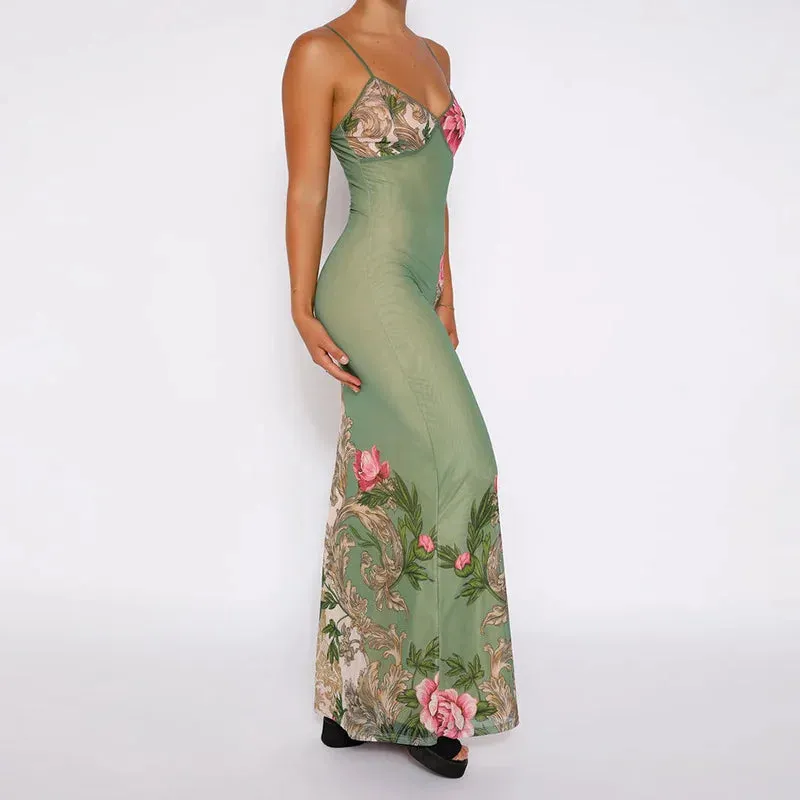 Sleeveless Floral Print Spaghetti Strap Dress New Fashion Maxi Beach Party Club Chic Dress