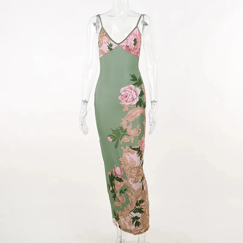 Sleeveless Floral Print Spaghetti Strap Dress New Fashion Maxi Beach Party Club Chic Dress