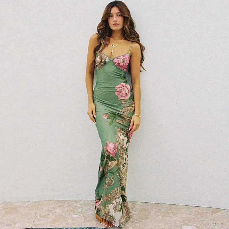 Sleeveless Floral Print Spaghetti Strap Dress New Fashion Maxi Beach Party Club Chic Dress