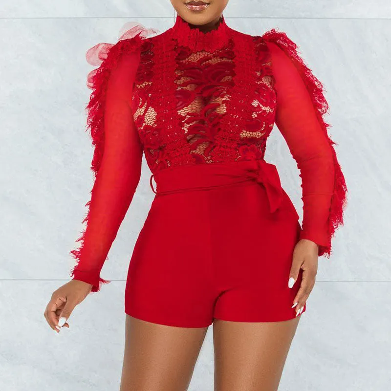 Solid Long Sleeve Eyelash Lace Romper
