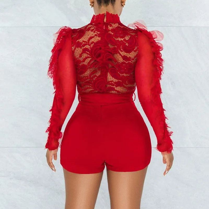 Solid Long Sleeve Eyelash Lace Romper