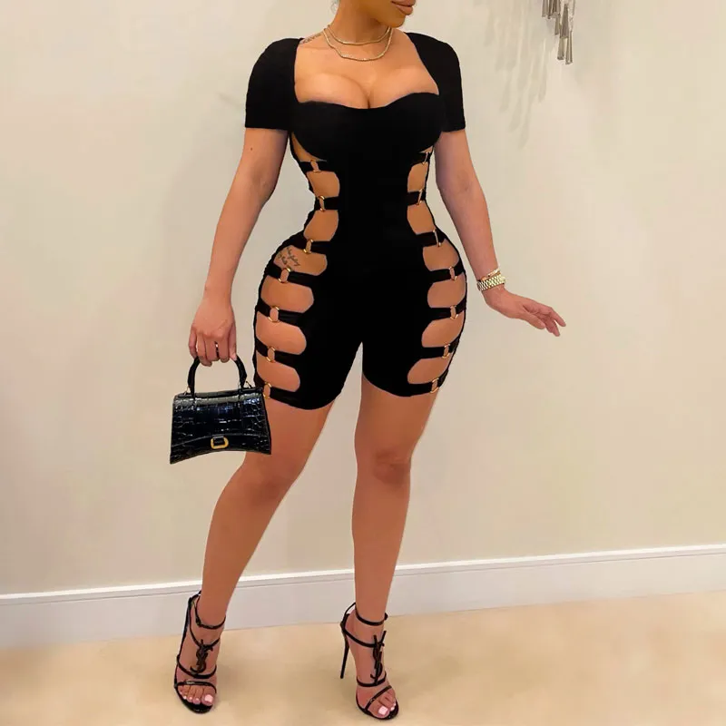 Solid Short Sleeve Cut Out Romper