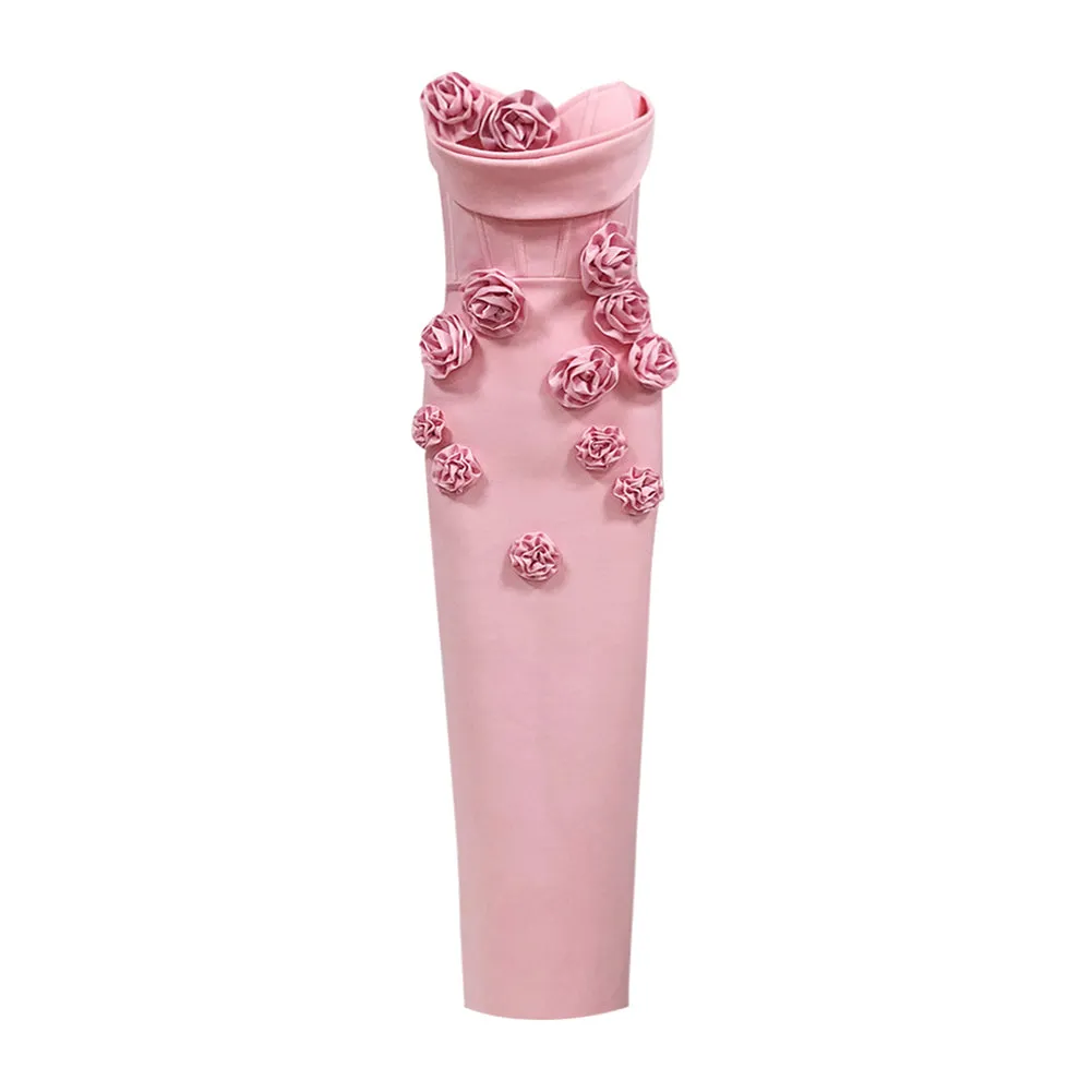 Strapless Sleeveless Flower Maxi Bandage Dress HL9800