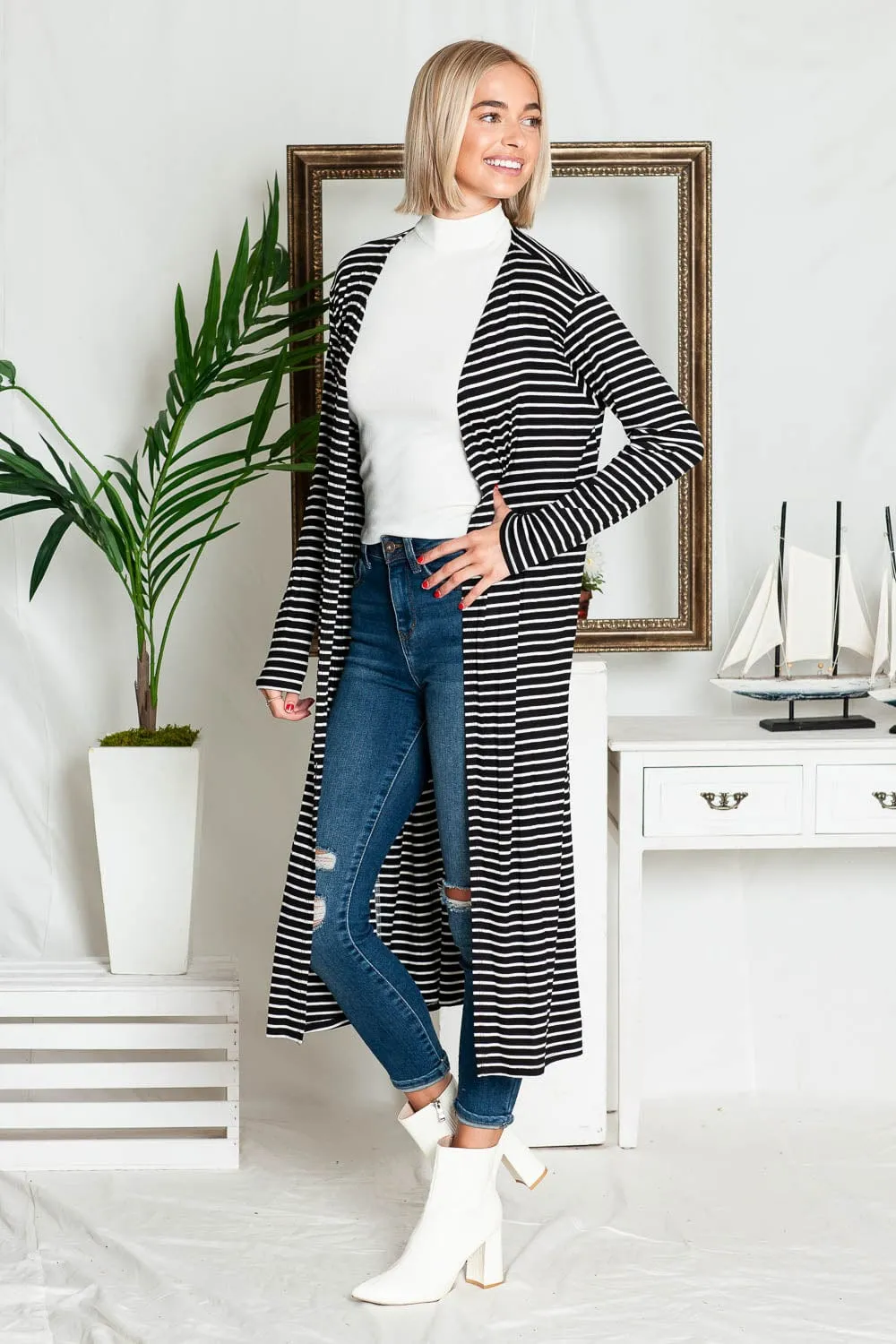 STRIPE OPEN MAXI CARDIGAN - Black