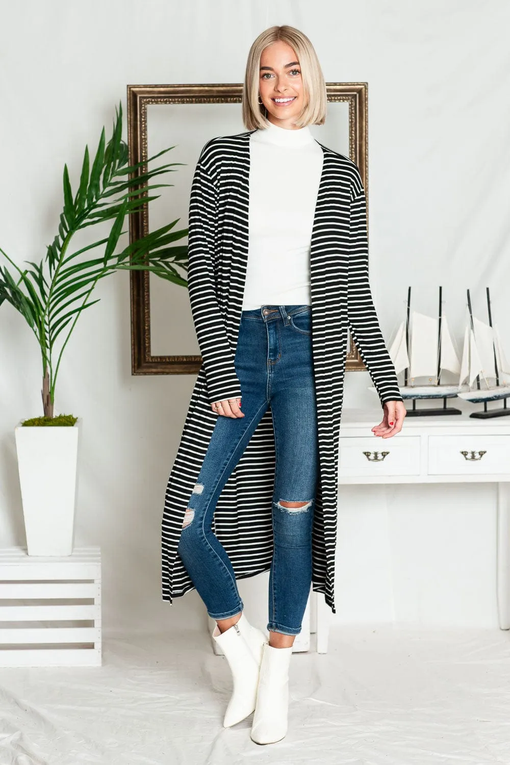 STRIPE OPEN MAXI CARDIGAN - Black