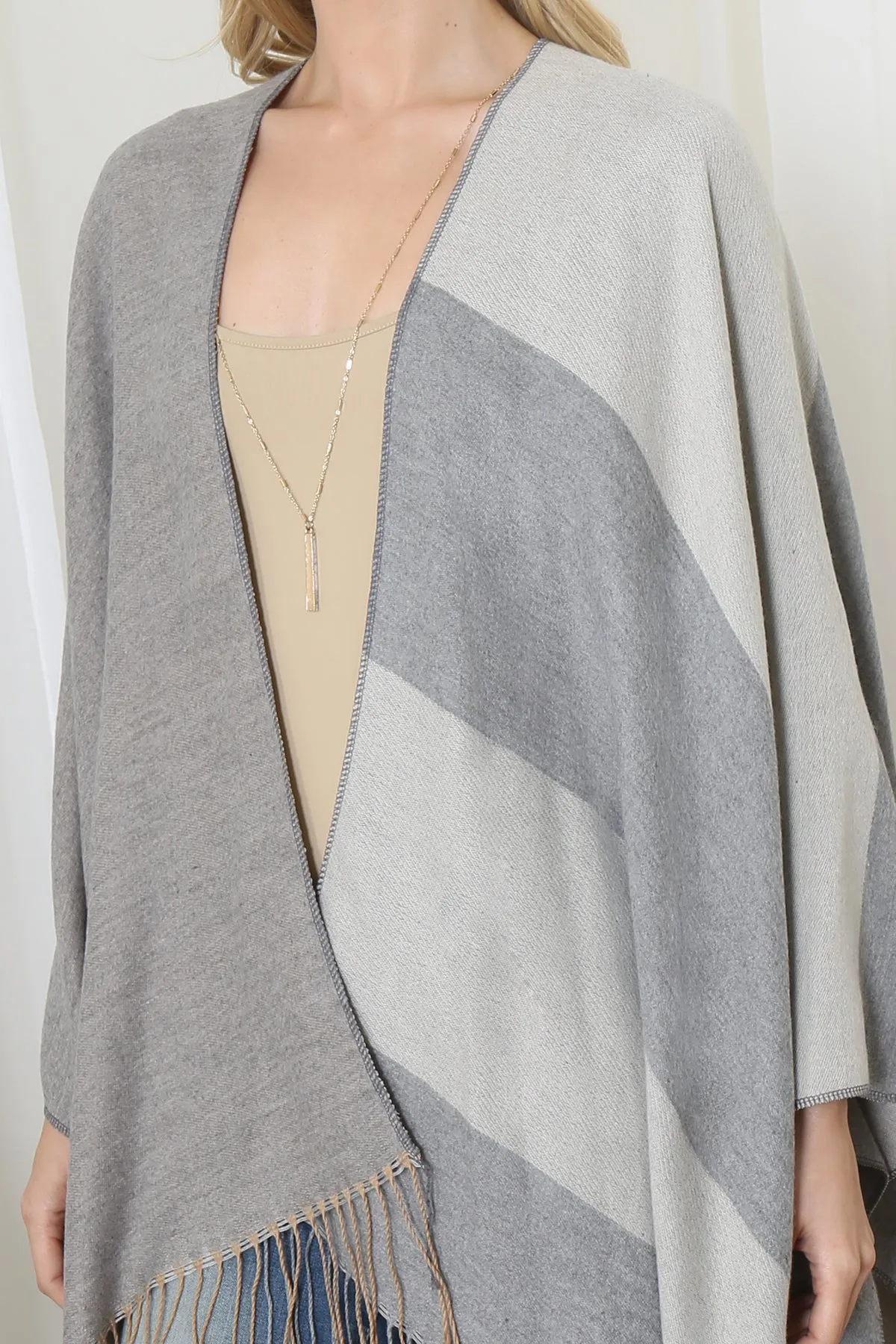 STRIPES PRINT FRINGE OPEN FRONT KIMONO