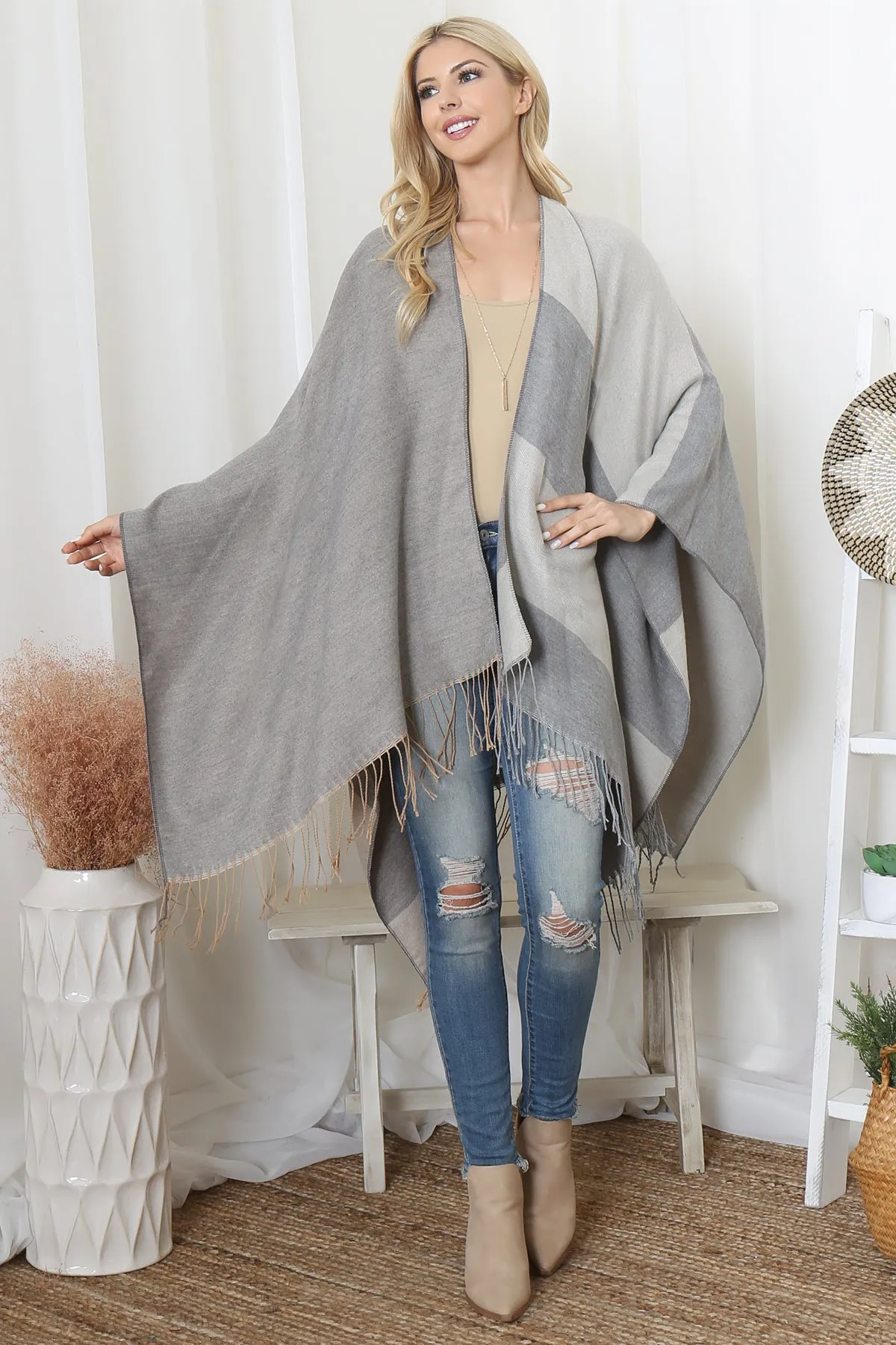 STRIPES PRINT FRINGE OPEN FRONT KIMONO