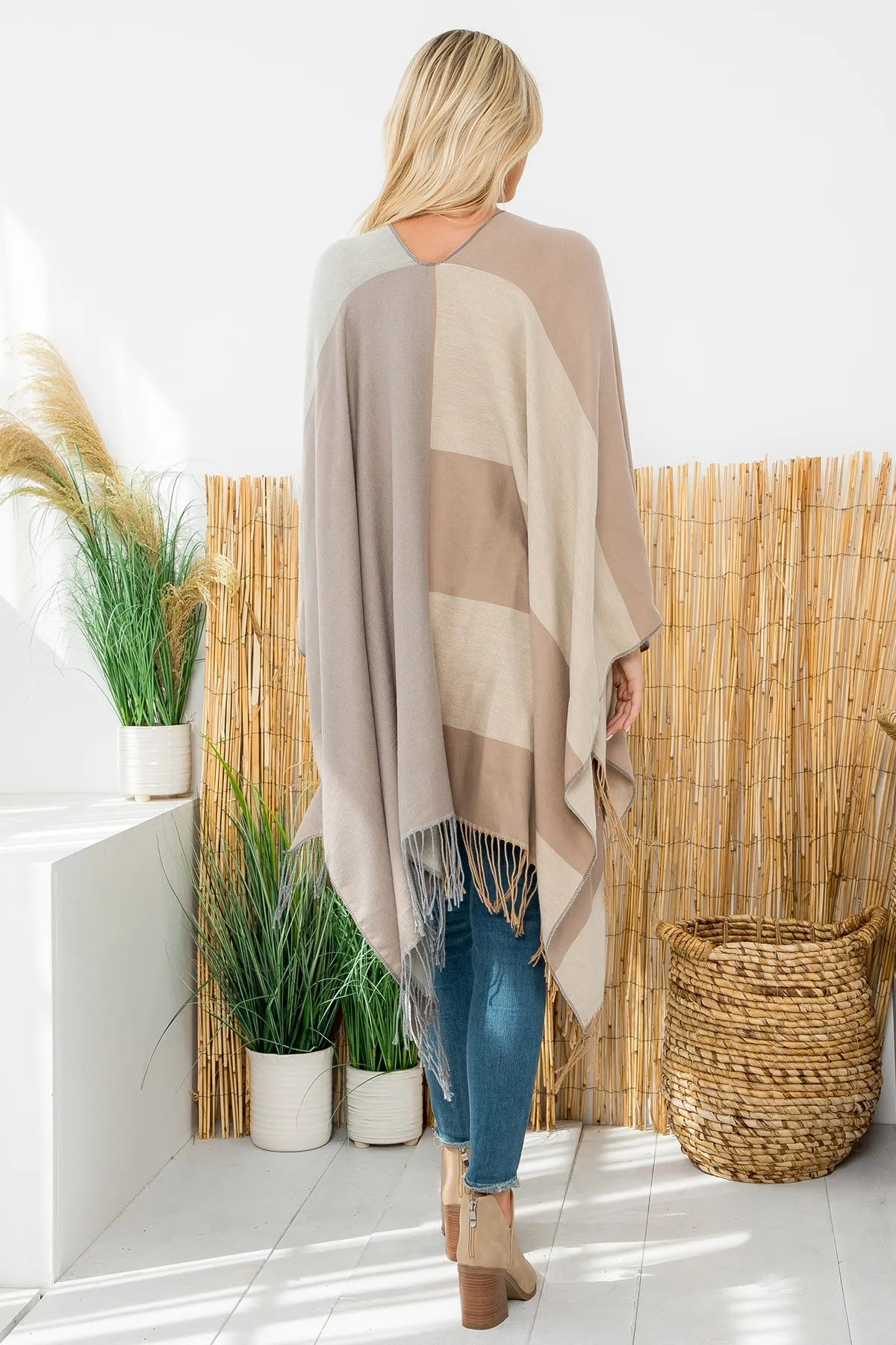 STRIPES PRINT FRINGE OPEN FRONT KIMONO