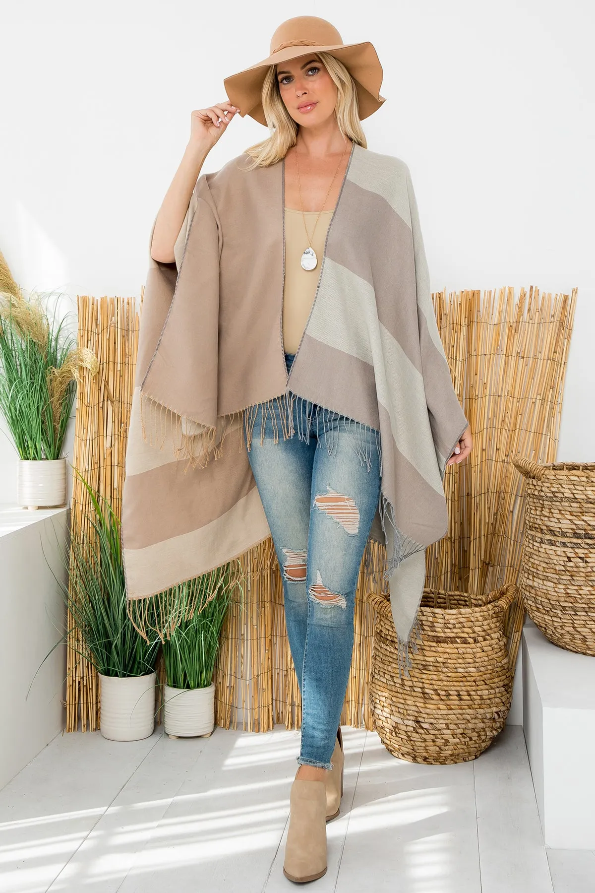 STRIPES PRINT FRINGE OPEN FRONT KIMONO