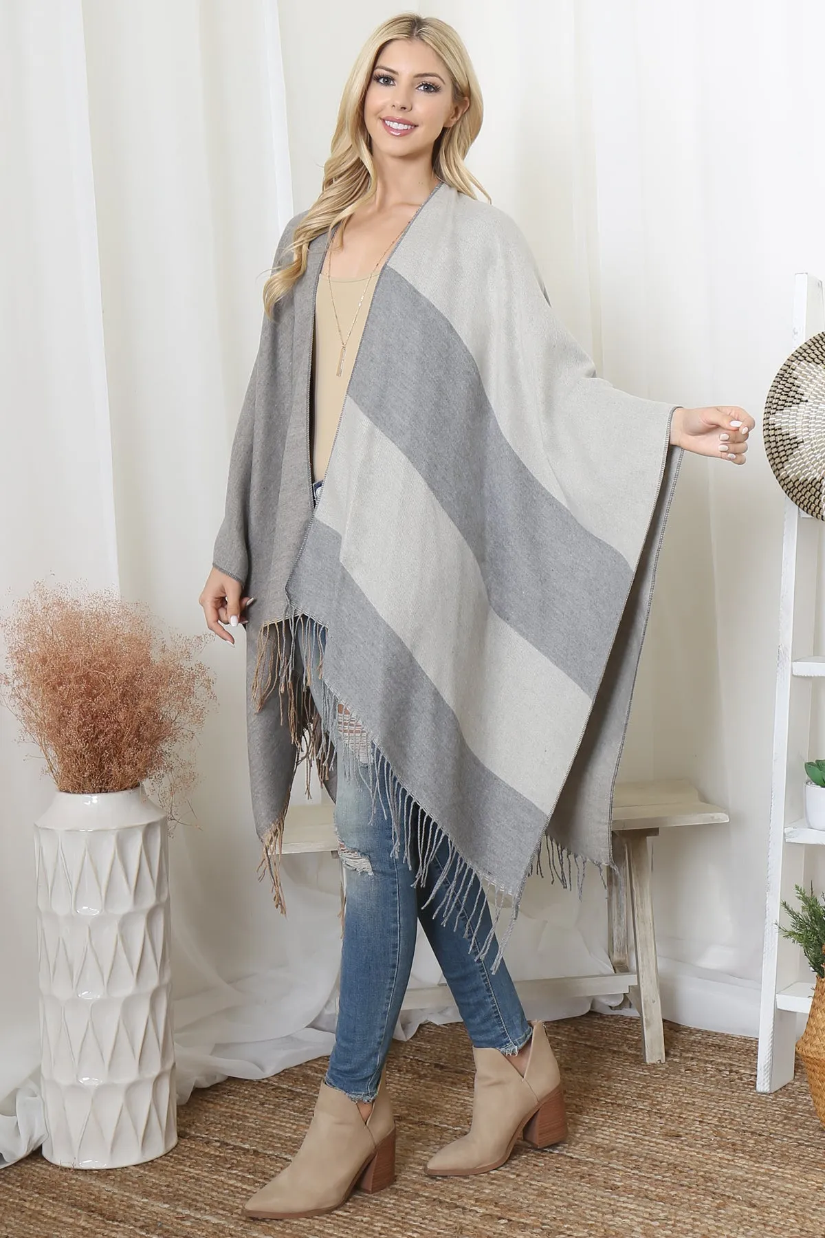 STRIPES PRINT FRINGE OPEN FRONT KIMONO