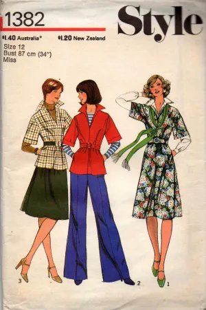 Style 1382 Womens Collared Dress or Top & Skirt 1970s Vintage Sewing Pattern Size 12 Bust 34 inches