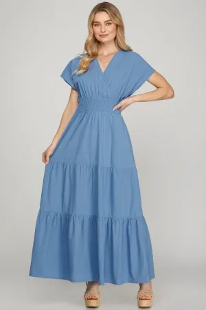 Surplice Short Sleeve Tiered Maxi Dress With Pockets