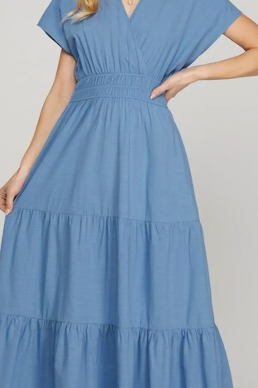 Surplice Short Sleeve Tiered Maxi Dress With Pockets