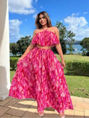 SXY Summer Two Pieces Outfits : Floral Tops And Floral Skirt Beach Vacation Women