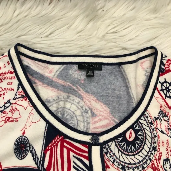 Talbots Plus Sea Map Print Charming Nautical Red White Blue Knit Cardigan 2X