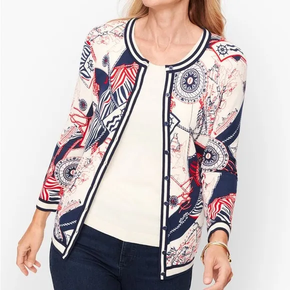 Talbots Plus Sea Map Print Charming Nautical Red White Blue Knit Cardigan 2X