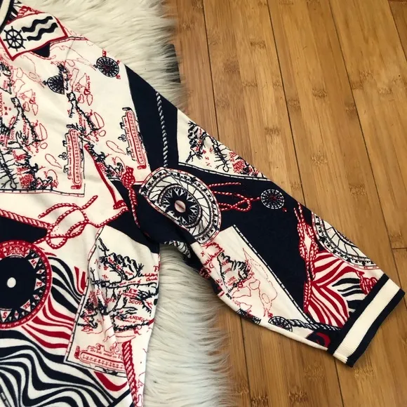 Talbots Plus Sea Map Print Charming Nautical Red White Blue Knit Cardigan 2X