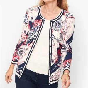 Talbots Plus Sea Map Print Charming Nautical Red White Blue Knit Cardigan 2X