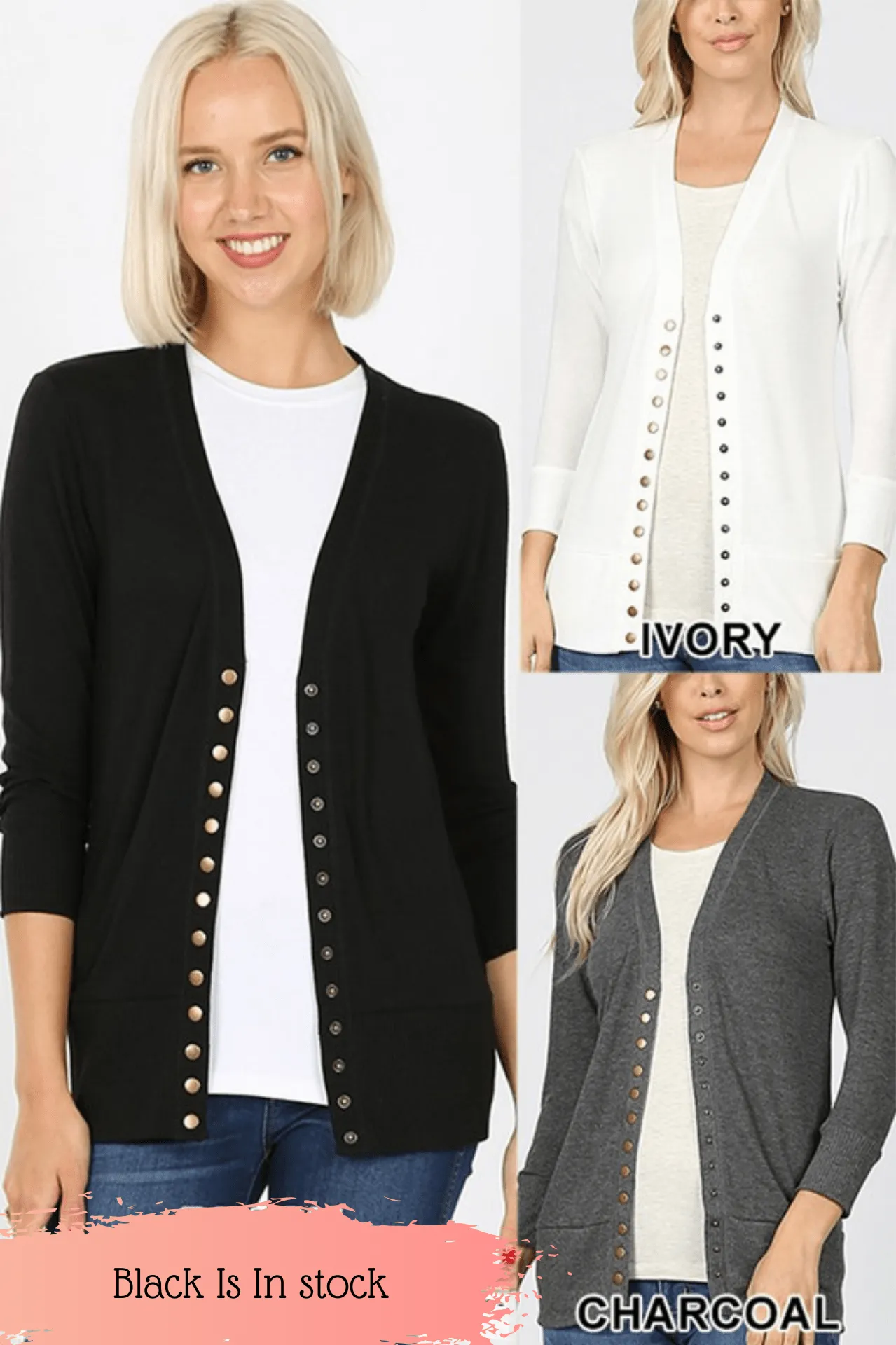 Tara 3/4 Sleeve Snap-Up Sweater Cardigan - 2 Colors Available