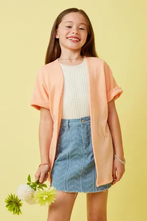 Textured Knit Roll Sleeve Open Kimono