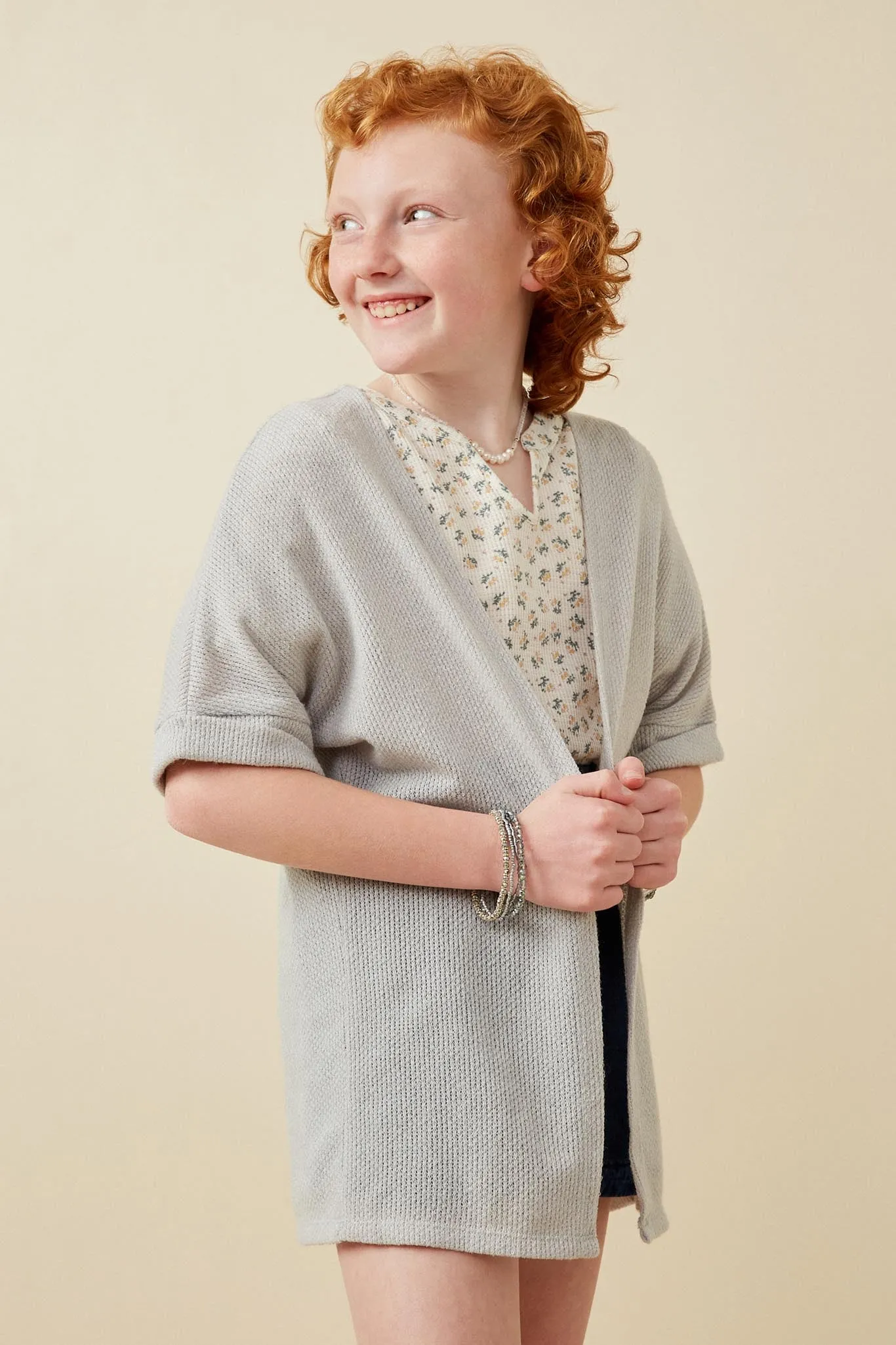 Textured Knit Roll Sleeve Open Kimono