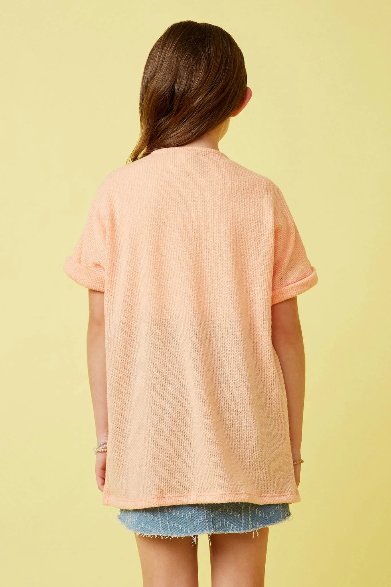 Textured Knit Roll Sleeve Open Kimono