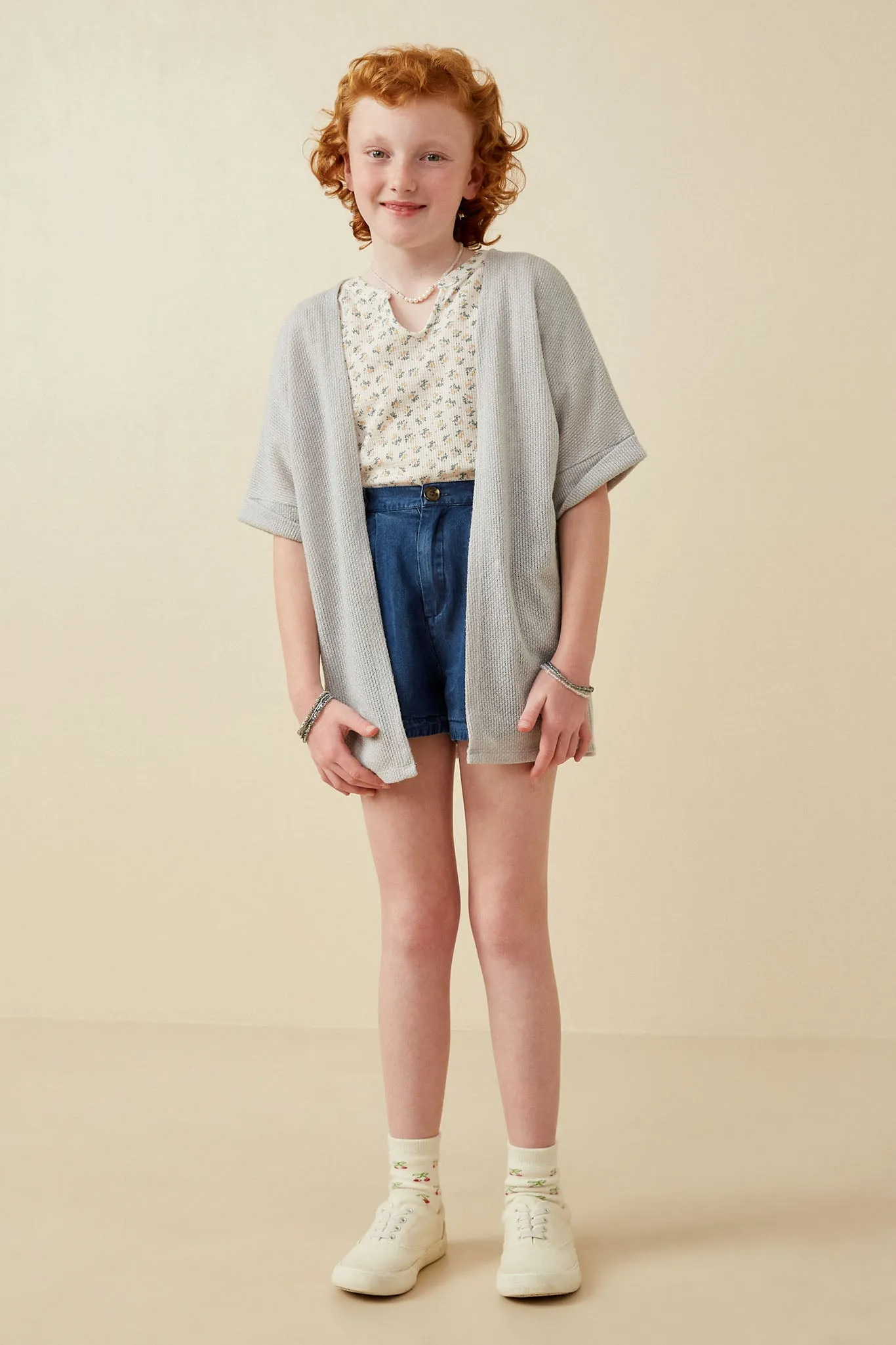 Textured Knit Roll Sleeve Open Kimono