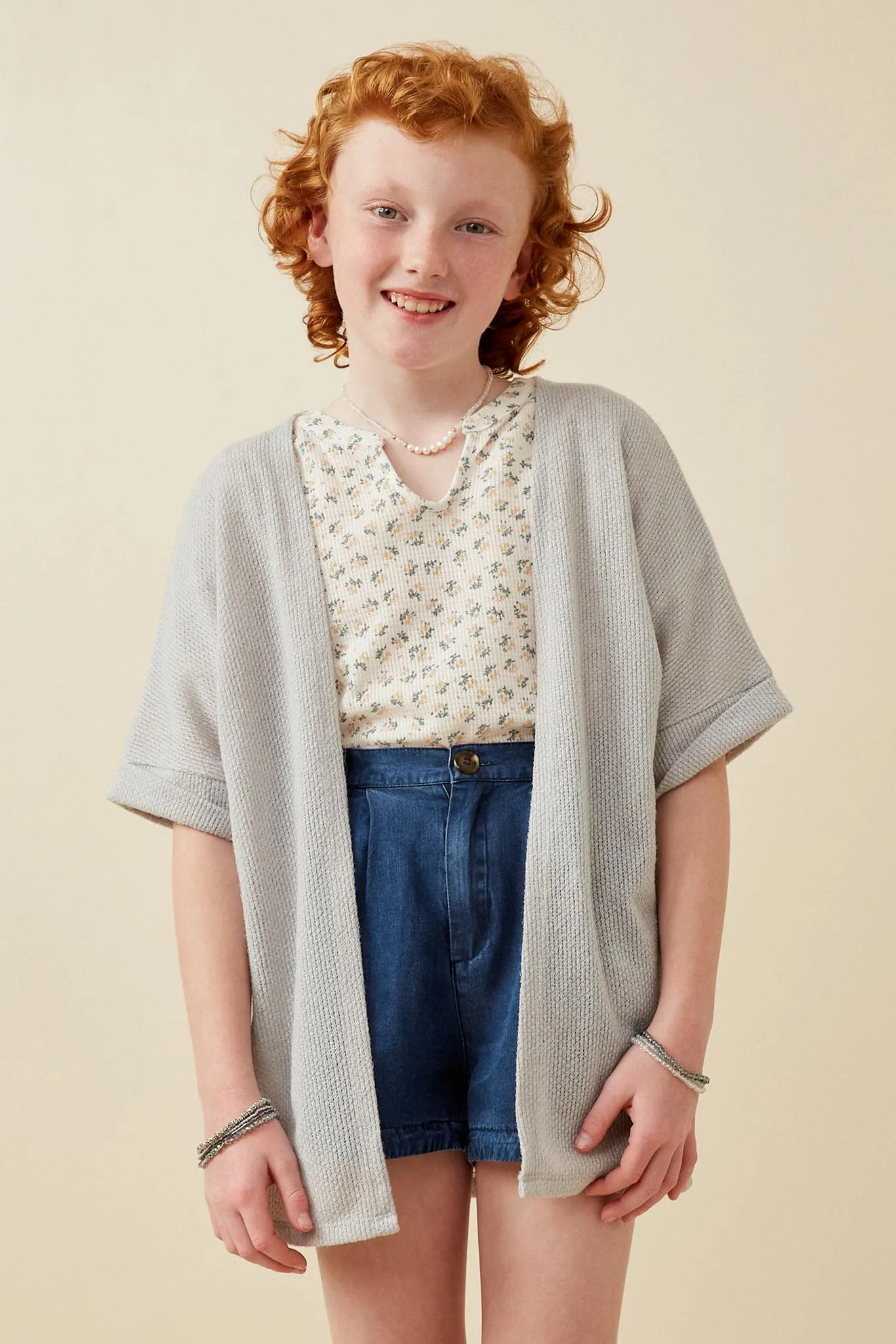 Textured Knit Roll Sleeve Open Kimono