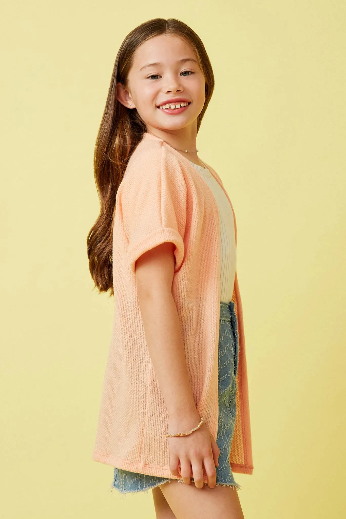 Textured Knit Roll Sleeve Open Kimono