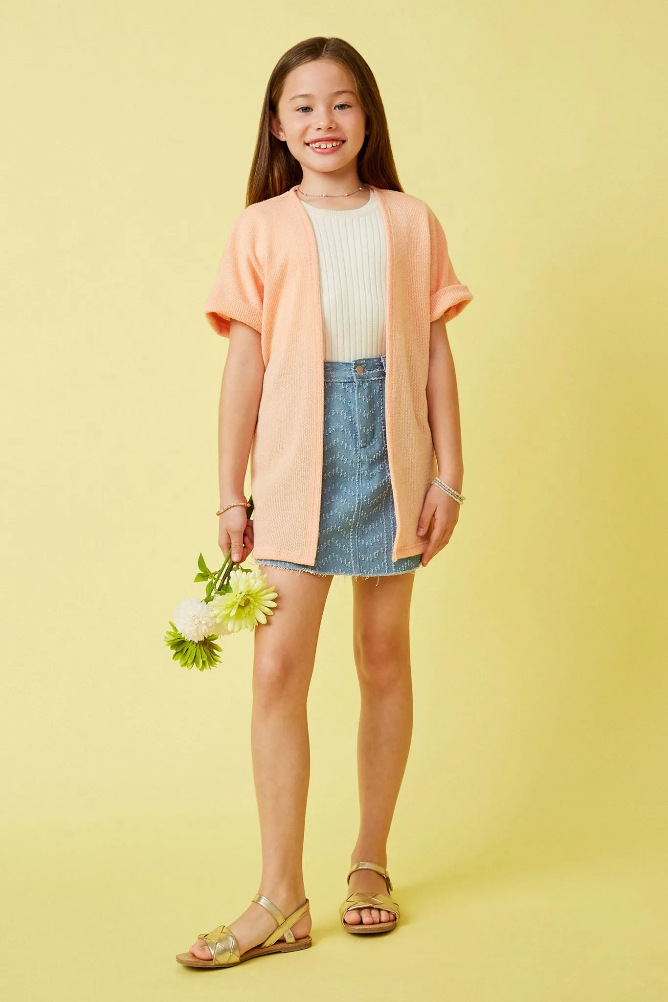 Textured Knit Roll Sleeve Open Kimono
