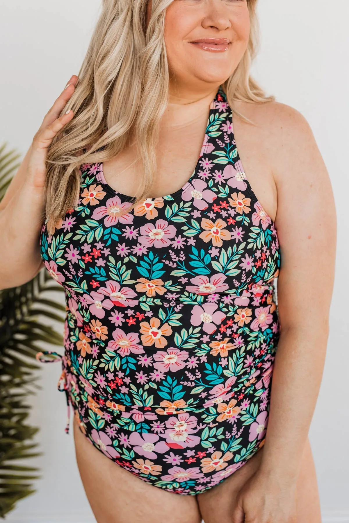 The Beach Is Calling Tankini Swim Top- Black Floral