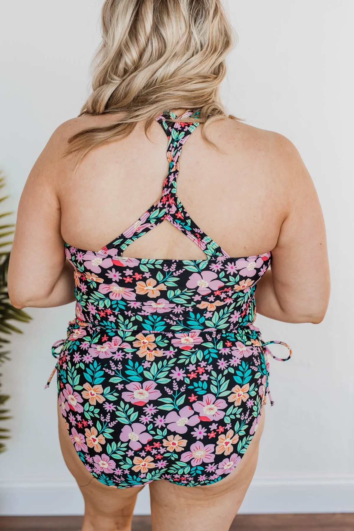 The Beach Is Calling Tankini Swim Top- Black Floral