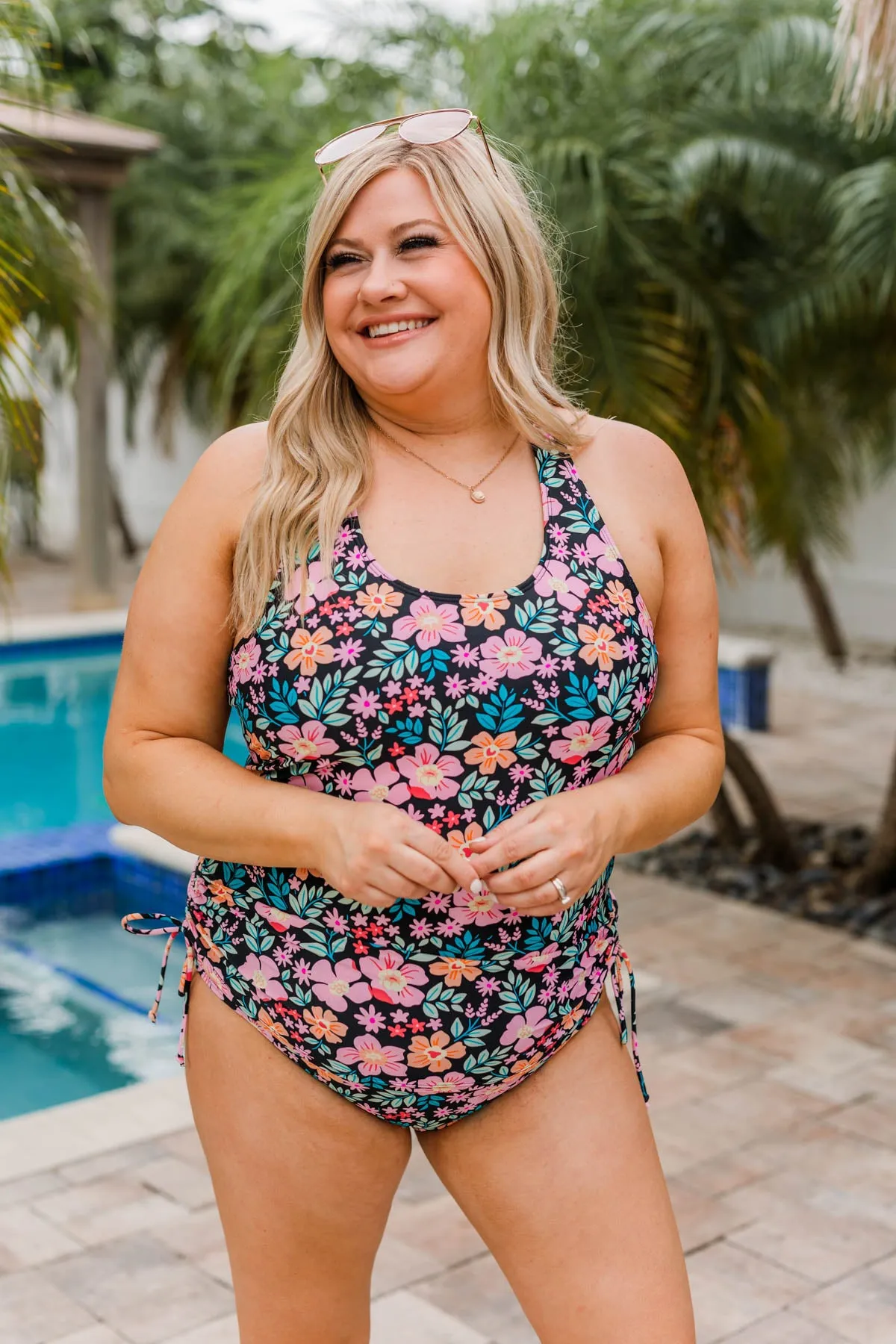 The Beach Is Calling Tankini Swim Top- Black Floral