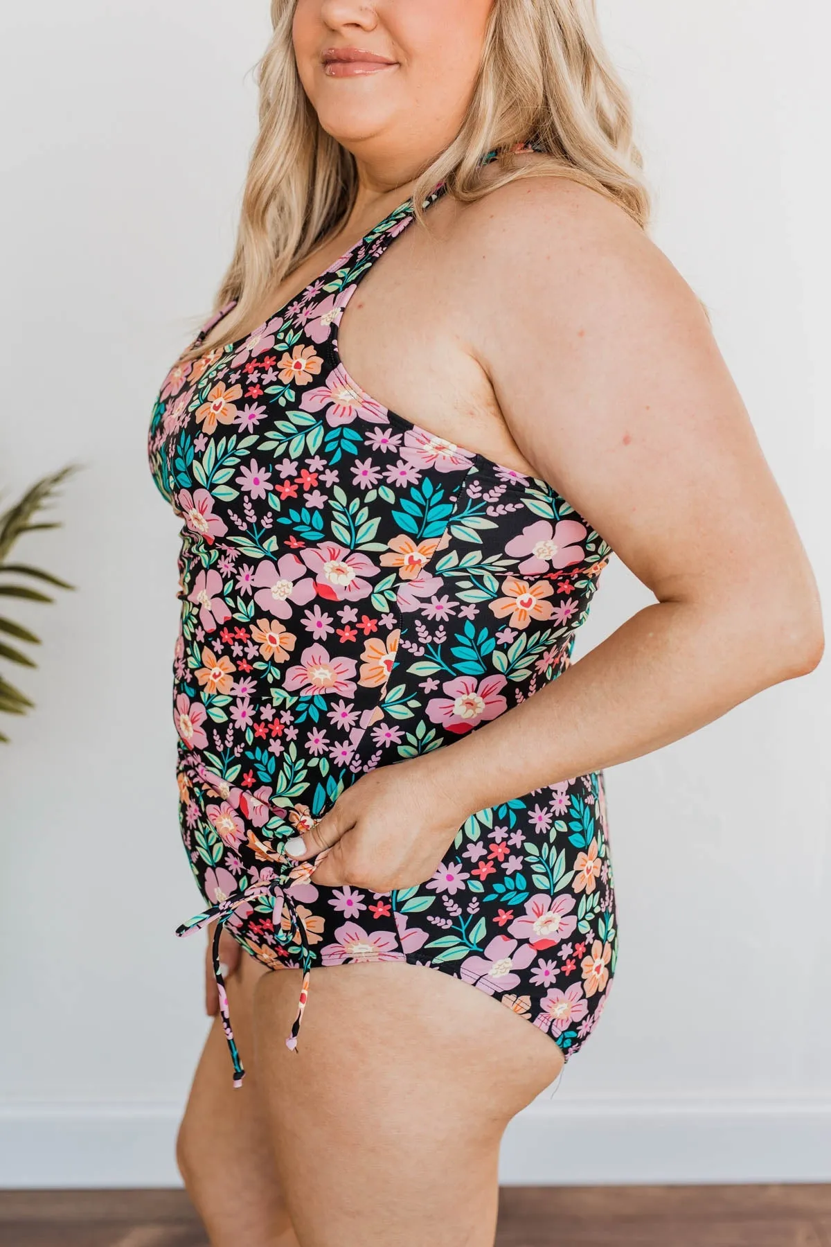 The Beach Is Calling Tankini Swim Top- Black Floral