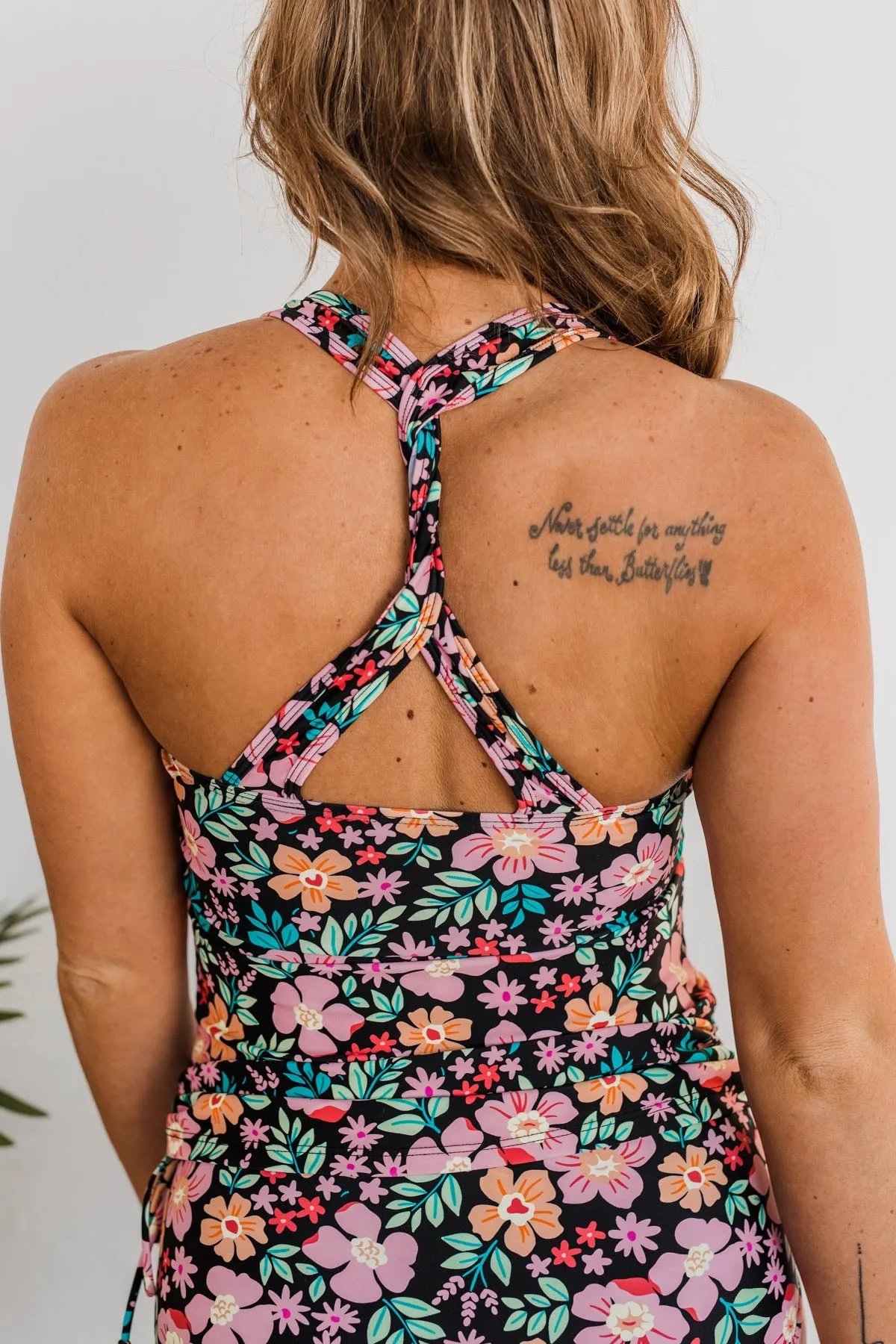The Beach Is Calling Tankini Swim Top- Black Floral