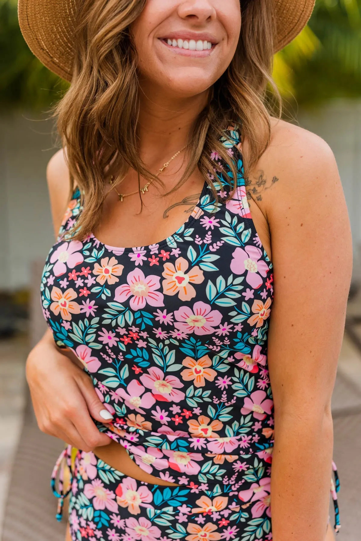 The Beach Is Calling Tankini Swim Top- Black Floral
