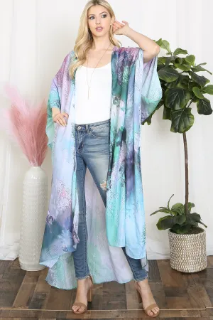 TIE DYE ABSTRACT PRINT LONG KIMONO