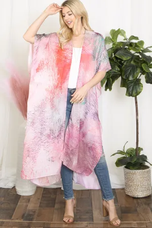 TIE DYE MULTICOLOR SPLATTER LINE PRINT OPEN FRONT LONG KIMONO