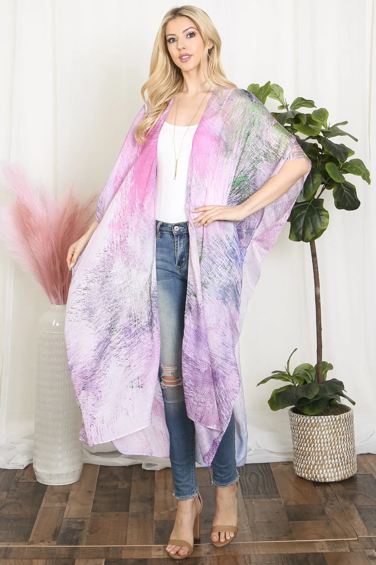 TIE DYE MULTICOLOR SPLATTER LINE PRINT OPEN FRONT LONG KIMONO