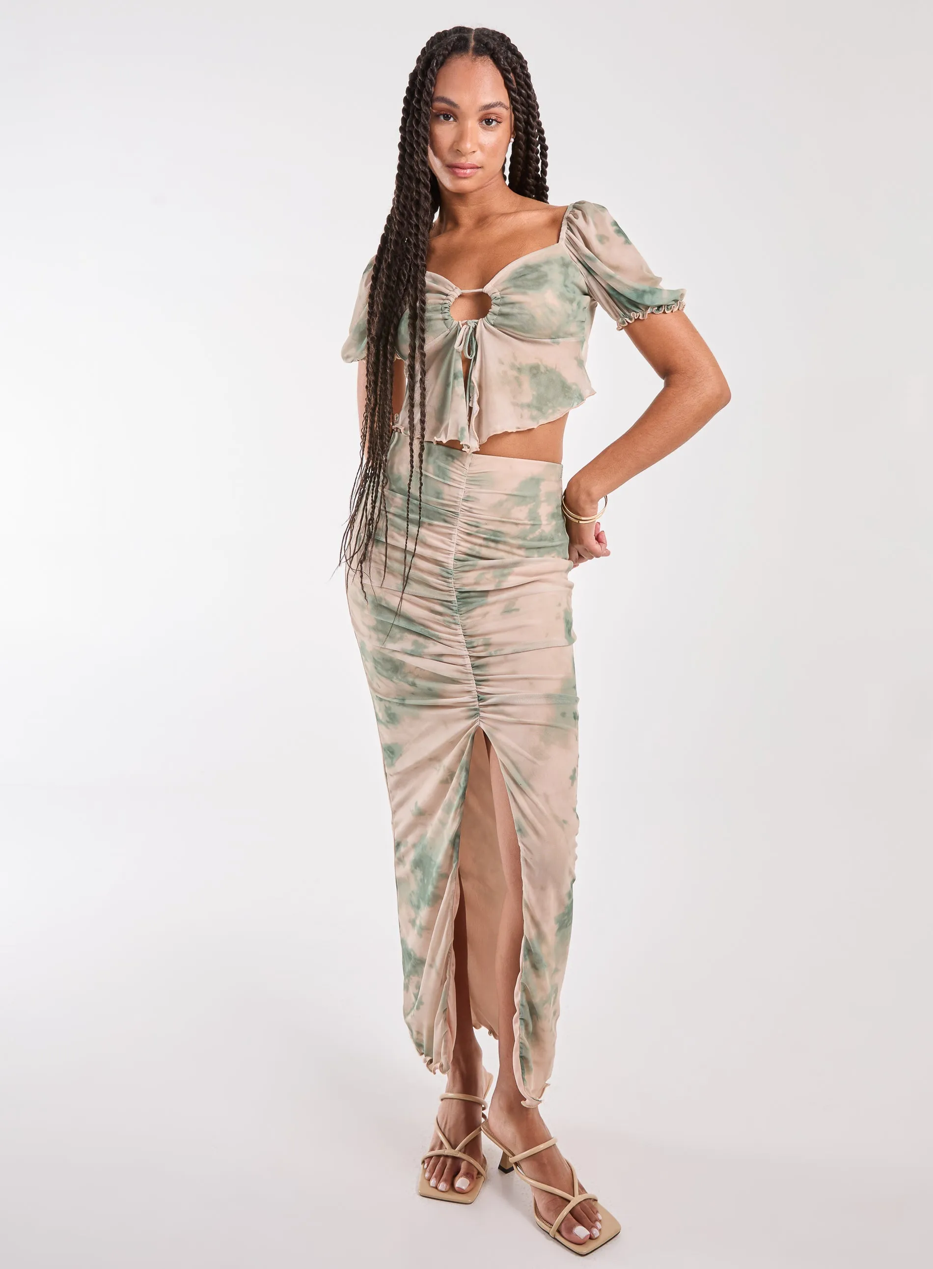 Tie Dye Ruched Split Maxi Skirt