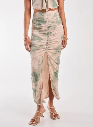 Tie Dye Ruched Split Maxi Skirt