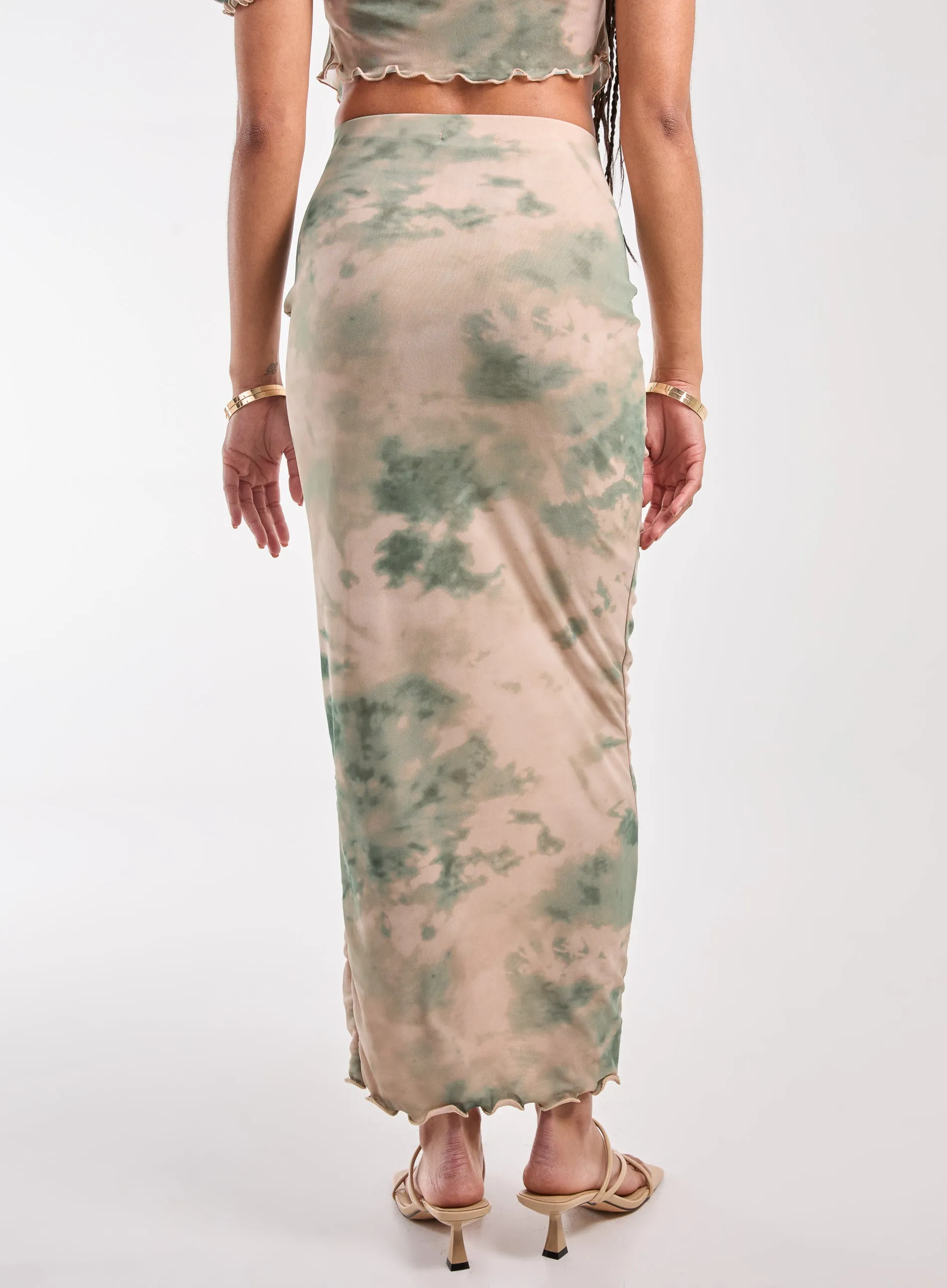 Tie Dye Ruched Split Maxi Skirt