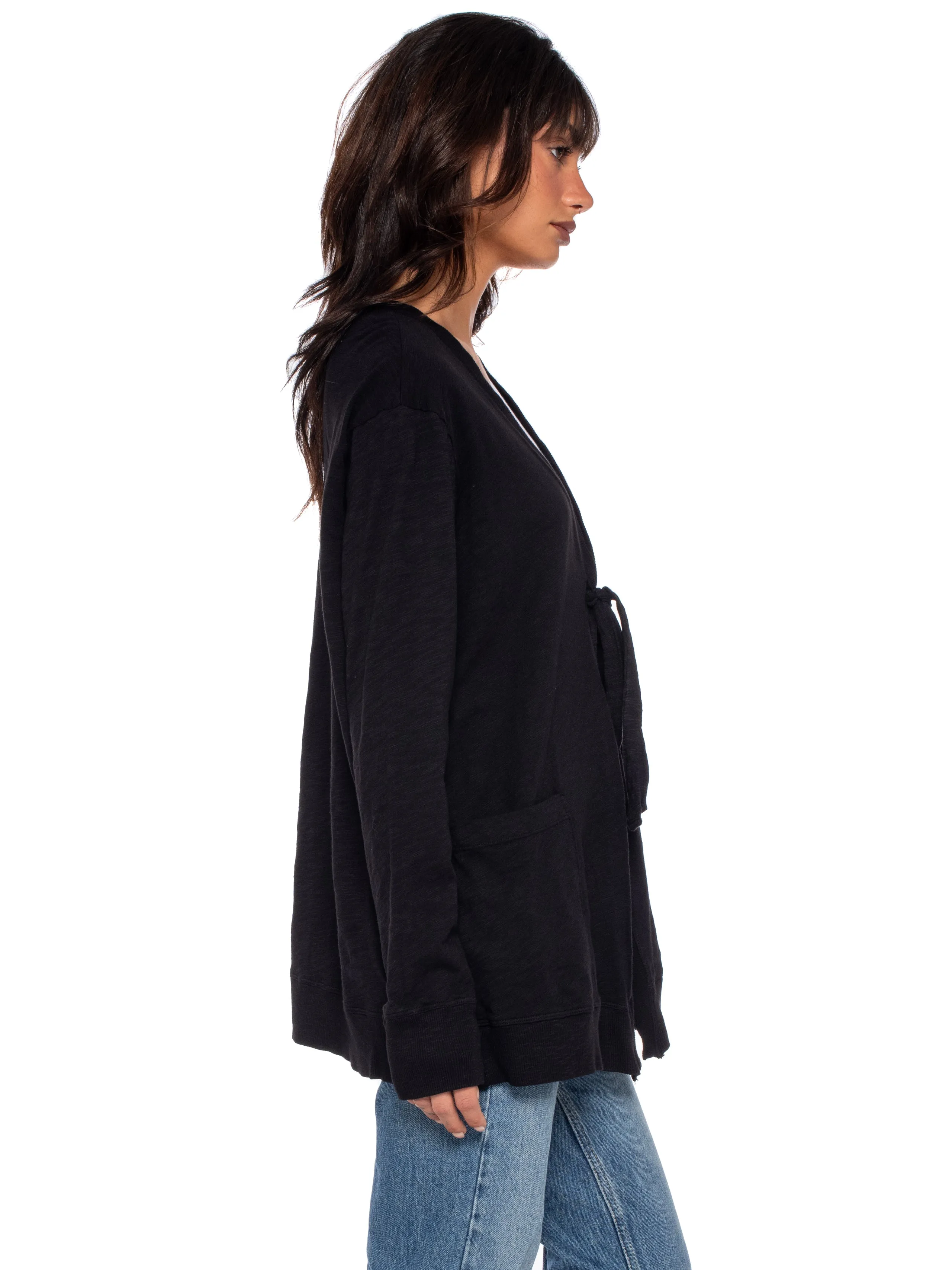 Tie Front Long Sleeve Mix Rib Cardigan