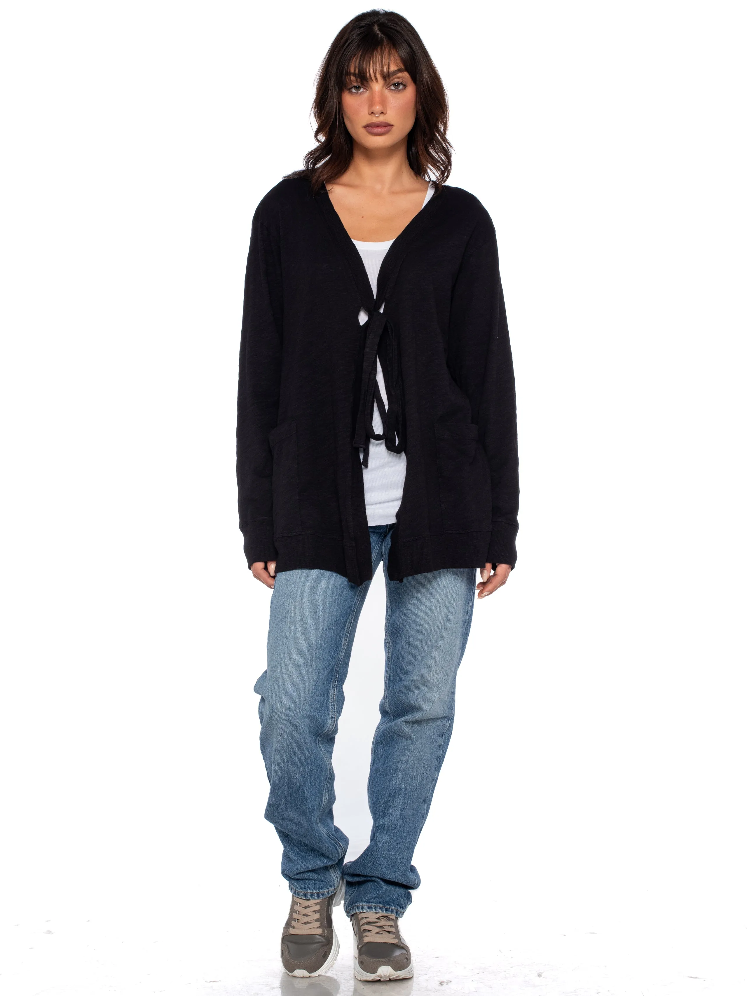 Tie Front Long Sleeve Mix Rib Cardigan