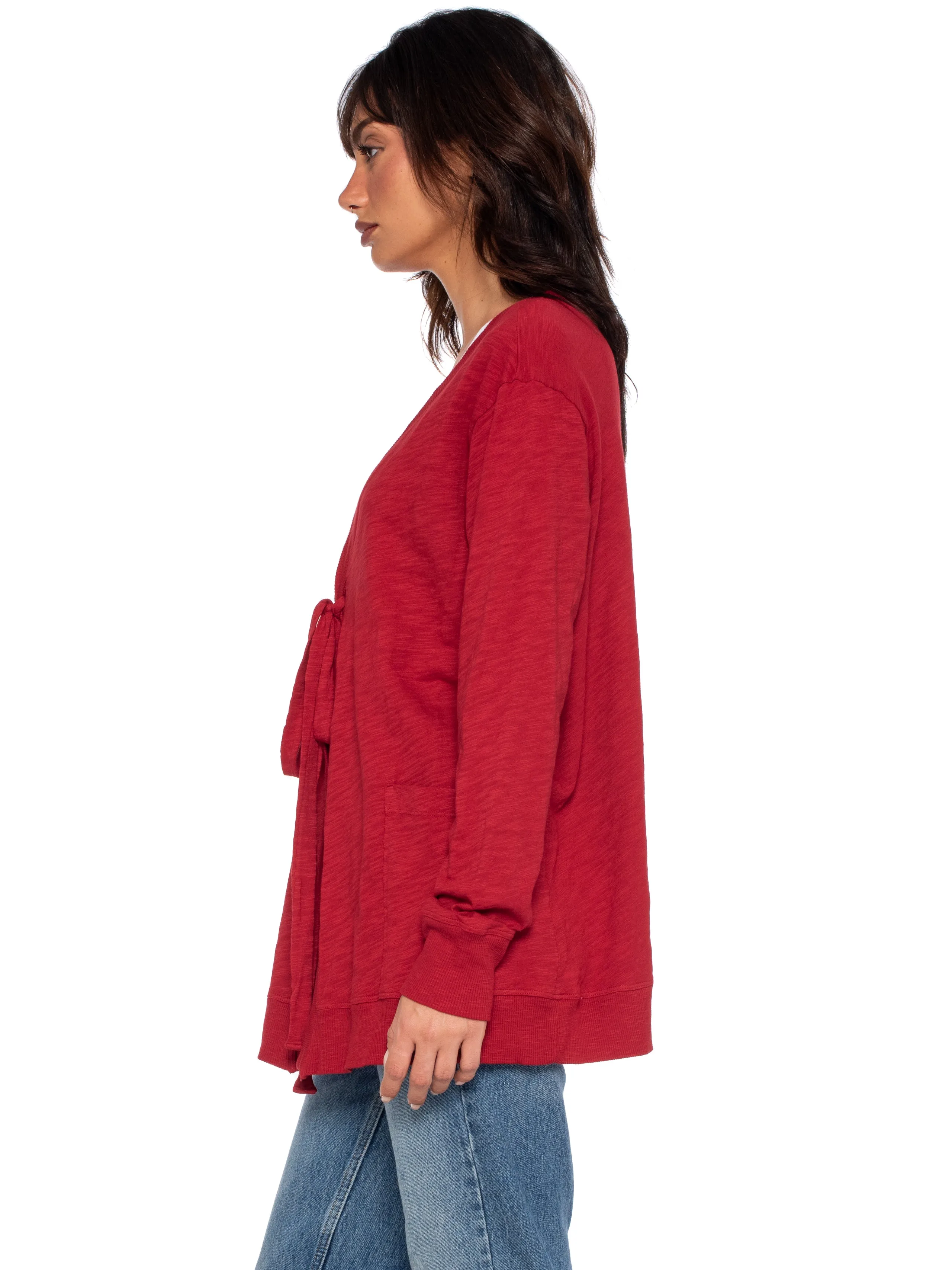 Tie Front Long Sleeve Mix Rib Cardigan