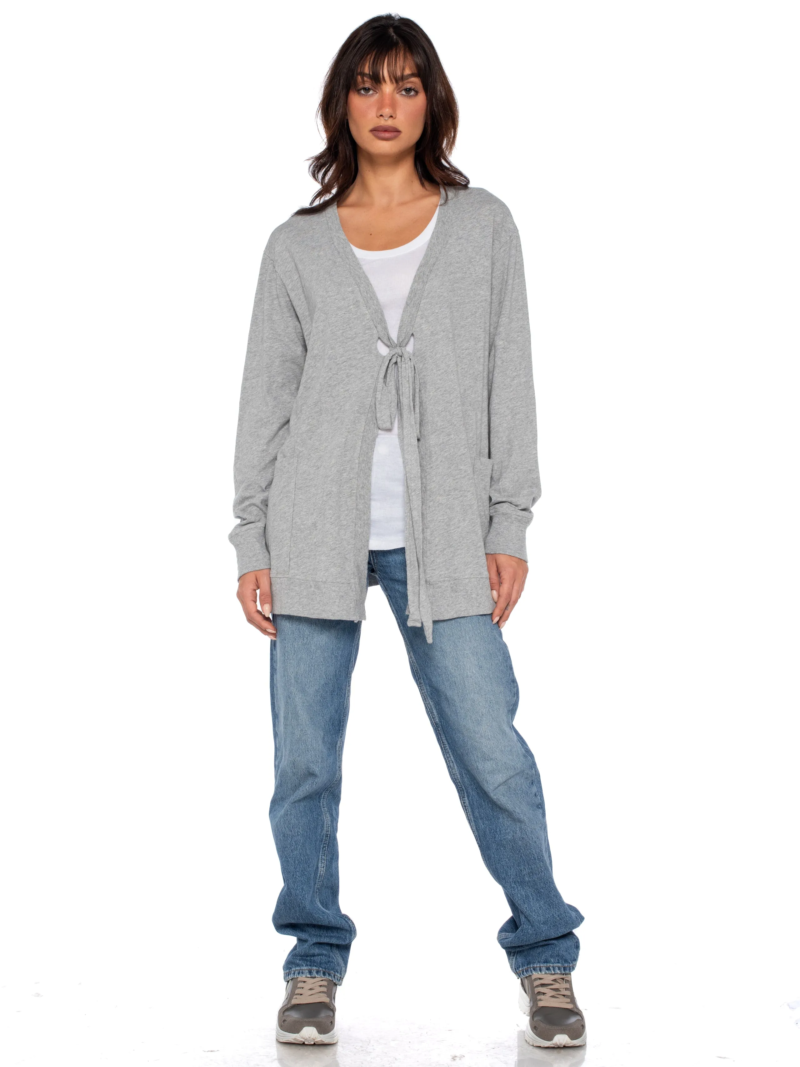 Tie Front Long Sleeve Mix Rib Cardigan